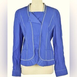 Elie Tahari French Blue Blazer Corded & Topstitch Detail Ruched Rounded Hem